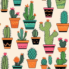 Seamless Pattern of Cute Cactus Doodle