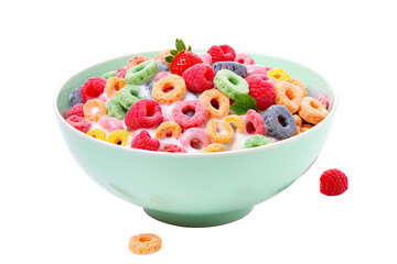 Colorful cereals with milk in a bowl isolated on white background