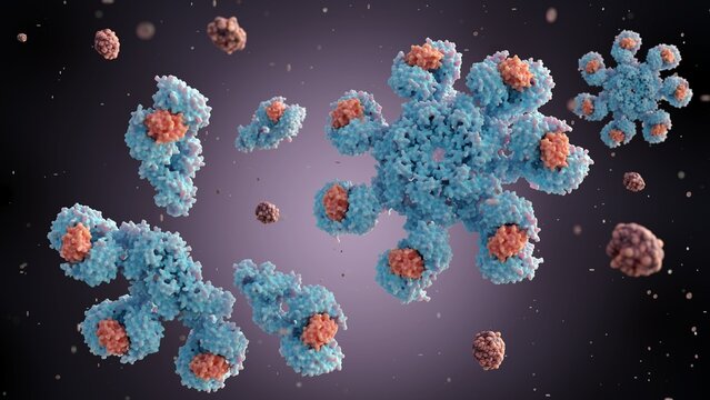 3D rendering of forming human apoptosome molecule contains seven Apaf-1 molecules symmetrically arranged in a wheel-shaped structure to form a central hub
