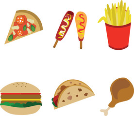 Hand drawn fast food on a white background : pizza, sausage, french fries, burgers, tacos and fried chicken