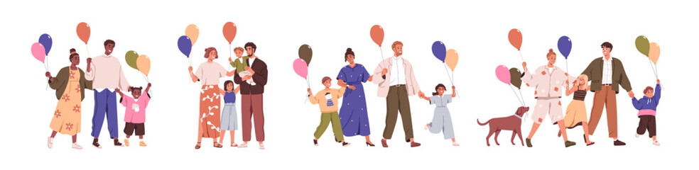 Happy families with children with balloons. Parents and kids holding baloons on strings, walking, celebrating holiday, birthday together. Flat graphic vector illustrations isolated on white background - obrazy, fototapety, plakaty