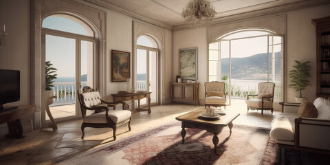 Mediterranean style interior of living room in luxury house. Beautiful sea landscape from the windows