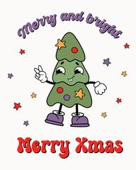 Marry and bright. Marry Xmas card. Cute Christmas tree in retro style.