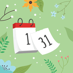 A calendar where you need to tear off pages. The last day of the month and the beginning of a new one. Calendar vector illustration on spring background in flat style - obrazy, fototapety, plakaty