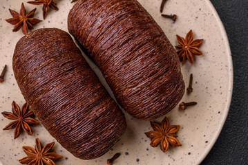 Delicious sweet crispy puff pastry with chocolate filling