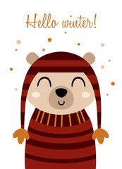 Naklejka premium Greeting card with winter bear in cartoon flat style