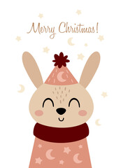 Christmas card with Christmas rabbit. Merry Christmas Greeting card in cartoon flat style