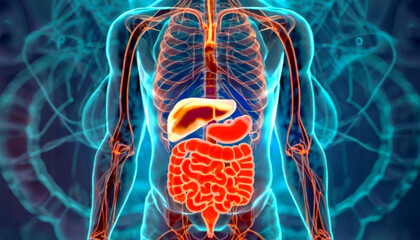 3D Visualization Illustration of Man's Pancreas Anatomy, 3D Exploration of the Pancreatic Anatomy in Man's Digestive System, Generative AI - obrazy, fototapety, plakaty