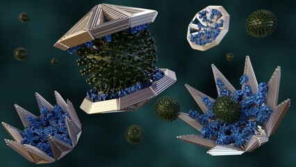3D renderings of DNA origami technology have demonstrated the ability to encapsulate entire virus particles, creating molecular virus traps. - obrazy, fototapety, plakaty