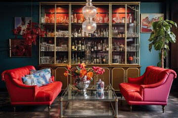 Living room in trendy style. Modern and vintage furniture accompany each other, colorful dishes and rustic chic - maximalism is in full swing. - obrazy, fototapety, plakaty