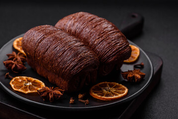 Delicious sweet crispy puff pastry with chocolate filling