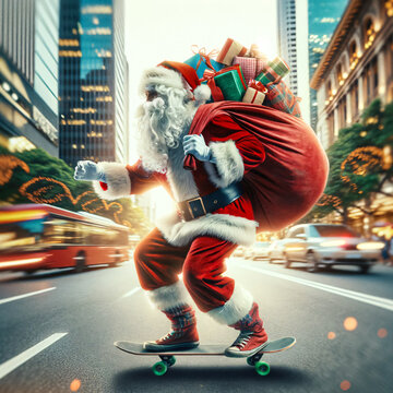  Santa Skateboarding with Gifts in City