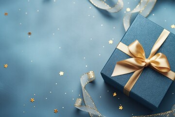 Blue gift box with gold satin ribbon on background Top view of birthday gift with copy space for holiday or Christmas gift.