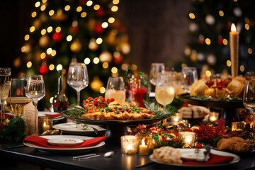 Elegant Christmas dinner table filled with food, New Year decorations with Christmas tree in the background.
