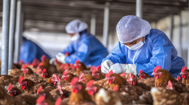 Workers in Poultry Farm Inspecting Chickens
