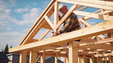 A male roofer is in the process of strengthening the wooden structures of the roof of a house. A middle-aged Caucasian man is working on the construction of a wooden frame house. - obrazy, fototapety, plakaty