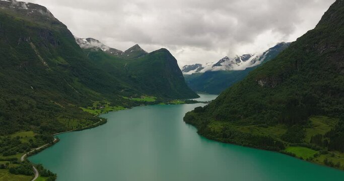 Beautiful turquoise lake water with stunning views. Oldevatnet Lake