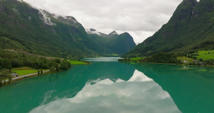 Breathtaking view of Norwegian countryside, municipality of Stryn. Aerial