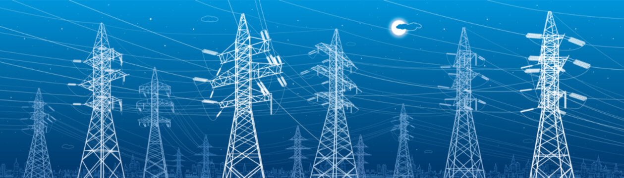 High voltage transmission systems. Electric pole. Power lines. A network of interconnected electrical. Energy pylons. City electricity infrastructure. White otlines on blue background. Vector design