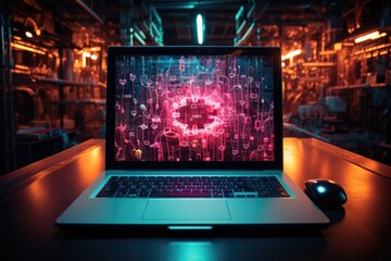 laptop with symbol of computer security on dark background