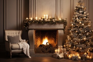 Fireplace With Decorations And Christmas Tree