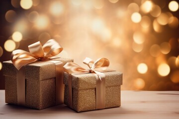 Two Gold Gift Boxes On A Wooden Table
