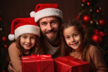 Fototapeta na wymiar Happy family in Santa hats and Christmas gifts