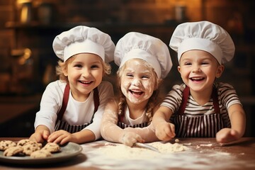 Happy Family Of Kids Baking Cookies In The Kitchen