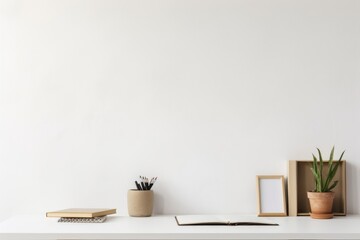 Office table, empty desk with supplies and white wall copy space. Creative workspace, Generative AI