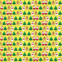 Christmas cute santa claus, snowman and tree