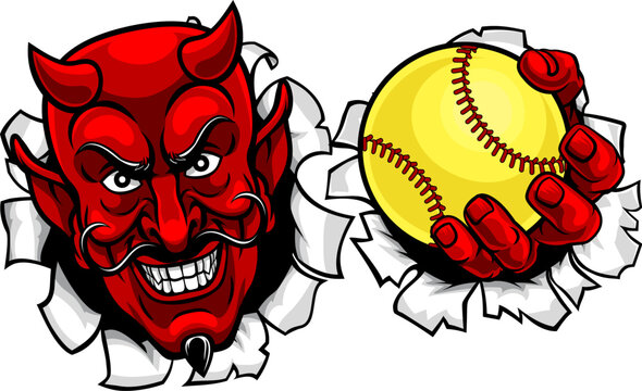 A devil man softball sports team cartoon mascot