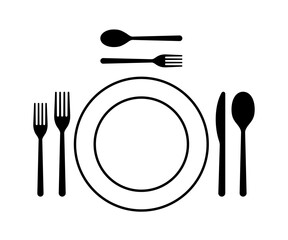 Arrangement of cutlery in table etiquette sign. Plate, fork, spoon and knife for food icon. Dish on table. Ready to eat. Tableware sign for menu cafe or restaurant. Vector