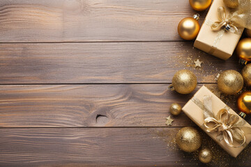 Flat lay with golden baubles on wooden background