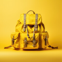 Yellow Casual Backpack Isolated on yellow Background. Travel Daypack with Zippered Compartment. Satchel Rucksack. Canvas School Backpack. Bag Front View with Shoulder Straps.