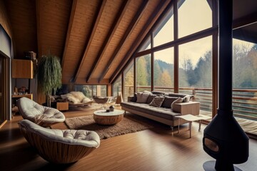 Chalet interior design of modern living room in wooden eco house in forest. Generative AI