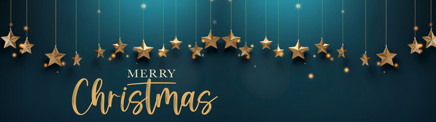 Merry Christmas concept celebration decoration holiday banner template greeting card banner long - Group of hanging gold stars ornaments on dark blue background texture