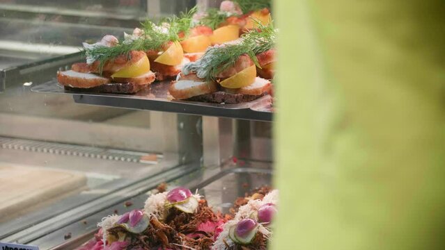 Delicious sm&oslash;rrebr&oslash;d on display in Danish eatery.