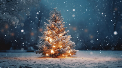 A Christmas tree is covered in snow and lights, in the style of beige.