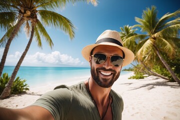 Ein junger hübscher Mann macht ein Selfie von sich. Er trägt Freizeitkleidung eine Kopfbedeckung und eine Sonnenbrille. Im Hintergrund ist eine tropische Insel. - obrazy, fototapety, plakaty