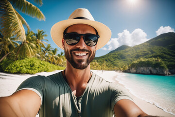 Ein junger hübscher Mann macht ein Selfie von sich. Er trägt Freizeitkleidung eine Kopfbedeckung und eine Sonnenbrille. Im Hintergrund ist eine tropische Insel. - obrazy, fototapety, plakaty