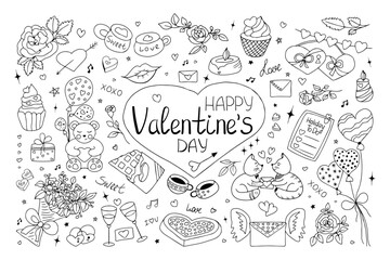 Hand drawn Valentines Day clipart Set. Doodle design elements of love symbols, cute characters, lettering. Black elements isolated on white background.