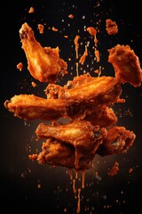 crispy BBQ chicken wings in the air on black background