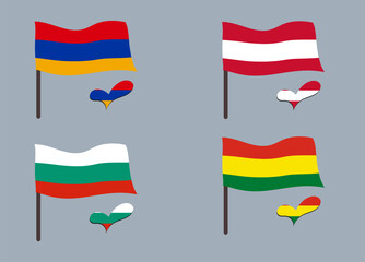 Set of flags (Austria, Armenia, Bulgaria, Bolivia). Heart in flag colors. Set of national symbols.