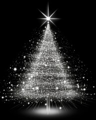 Christmas tree on dark background. silver Christmas tree as symbol of Happy New Year, Merry Christmas holiday celebration. grey light decoration. Bright shiny design Xmas tree