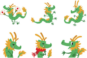 手描きのゆるい辰キャラクター年賀セット5（竜、龍、干支）