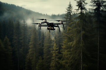 A drone equipped with a camera hovers over a dense forest, capturing breathtaking aerial footage...