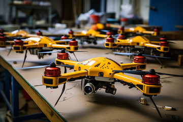 Multiple drones are neatly aligned on a workbench in a technology workshop, awaiting inspection or...