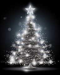 Christmas tree on dark background. silver Christmas tree as symbol of Happy New Year, Merry Christmas holiday celebration. grey light decoration. Bright shiny design Xmas tree