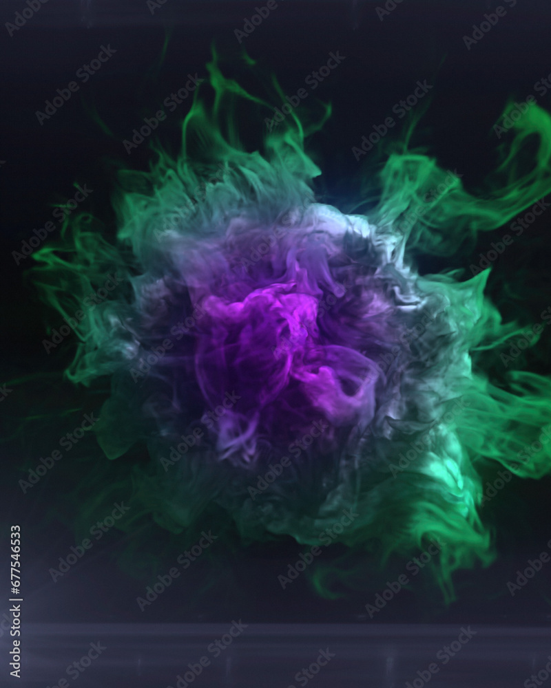 Poster a bright and colorful explosion with intertwining swirls of green and purple smoke. 3d rendering dig