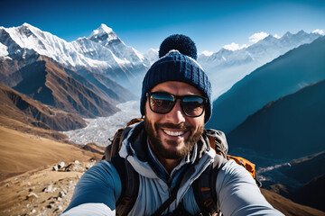 Ein junger hübscher Mann macht ein Selfie von sich. Er trägt Outdoorkleidung eine Kopfbedeckung und eine Sonnenbrille. Im Hintergrund sind schneebedeckte Berge und Gletscher. - obrazy, fototapety, plakaty